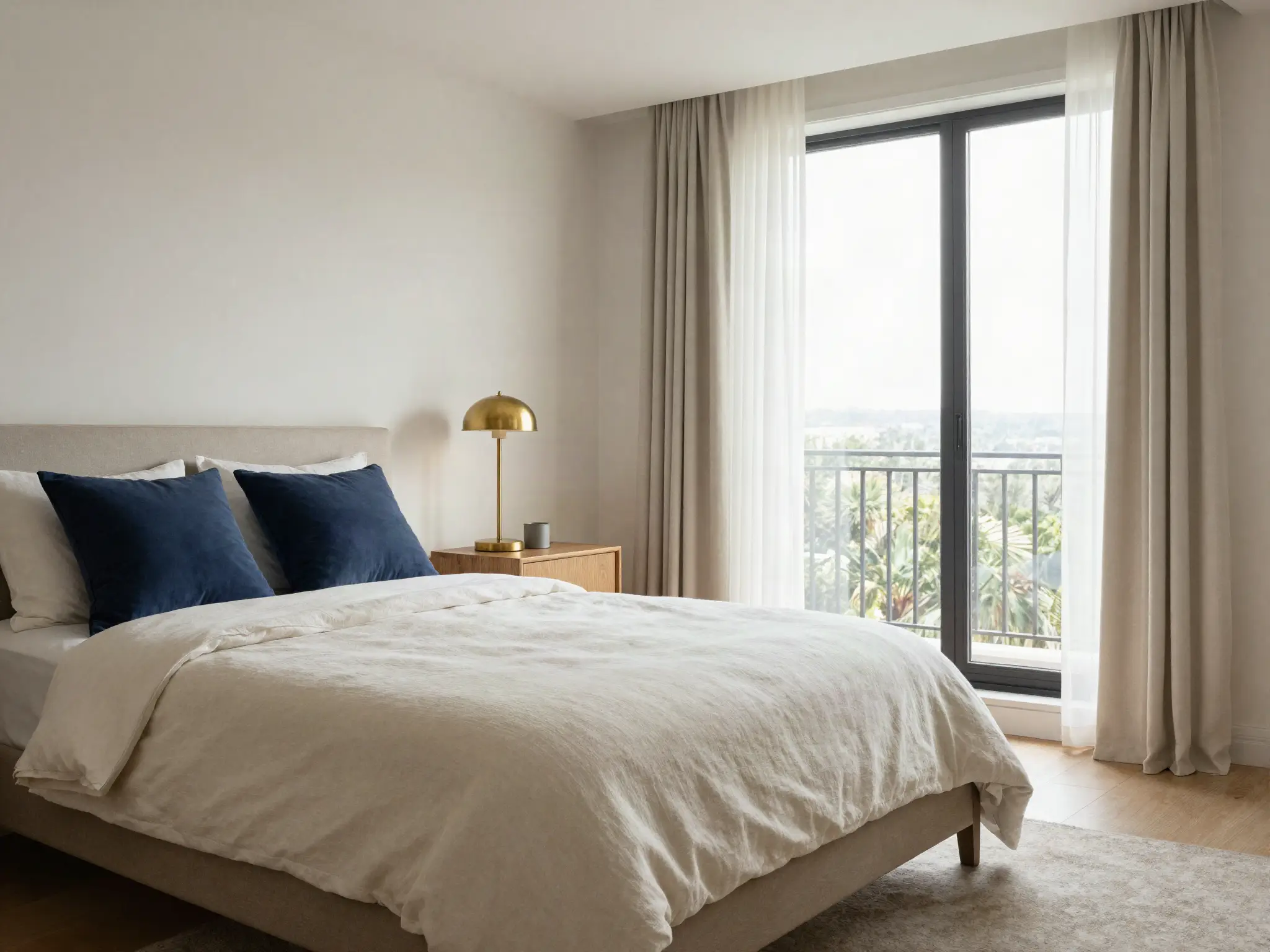 Chambre lumineuse aux draps crème et coussins navy