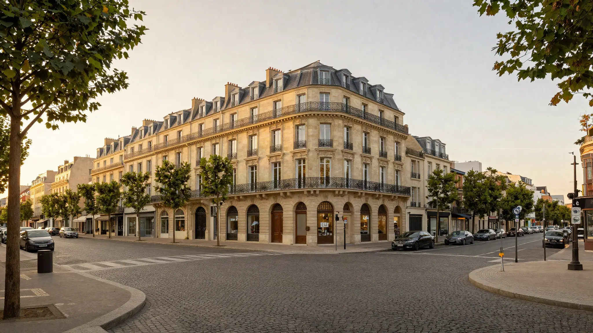Place élégante aux façades en pierre à l'heure dorée, secteur Val d'Europe